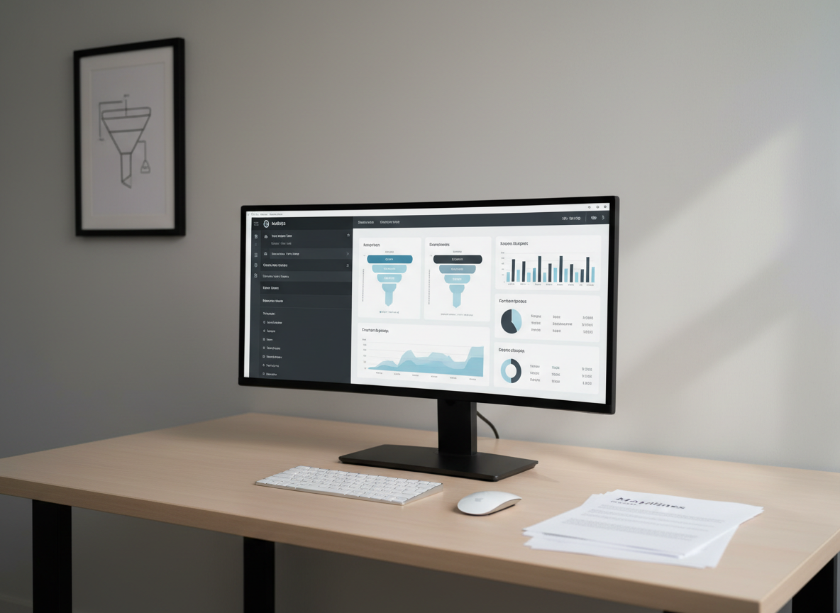 A minimalist workspace dedicated to digital marketing strategy, featuring a large ultra‑wide monitor displaying a clean analytics dashboard with website traffic, conversion funnels, and campaign performance graphs in soft blue and charcoal tones. A wireless keyboard and mouse rest on a pale wood desk, alongside a small stack of neatly aligned printouts showing A/B test headlines and ad copy in clear typography. The background shows a neutral grey wall with a simple framed schematic of a marketing funnel. Soft studio lighting from the right creates gentle highlights on the screen and desk, with controlled shadows for depth. Captured at eye level with rule‑of‑thirds composition and shallow depth of field, focusing on the monitor while the background subtly blurs. The atmosphere is precise, data‑driven, and highly professional.