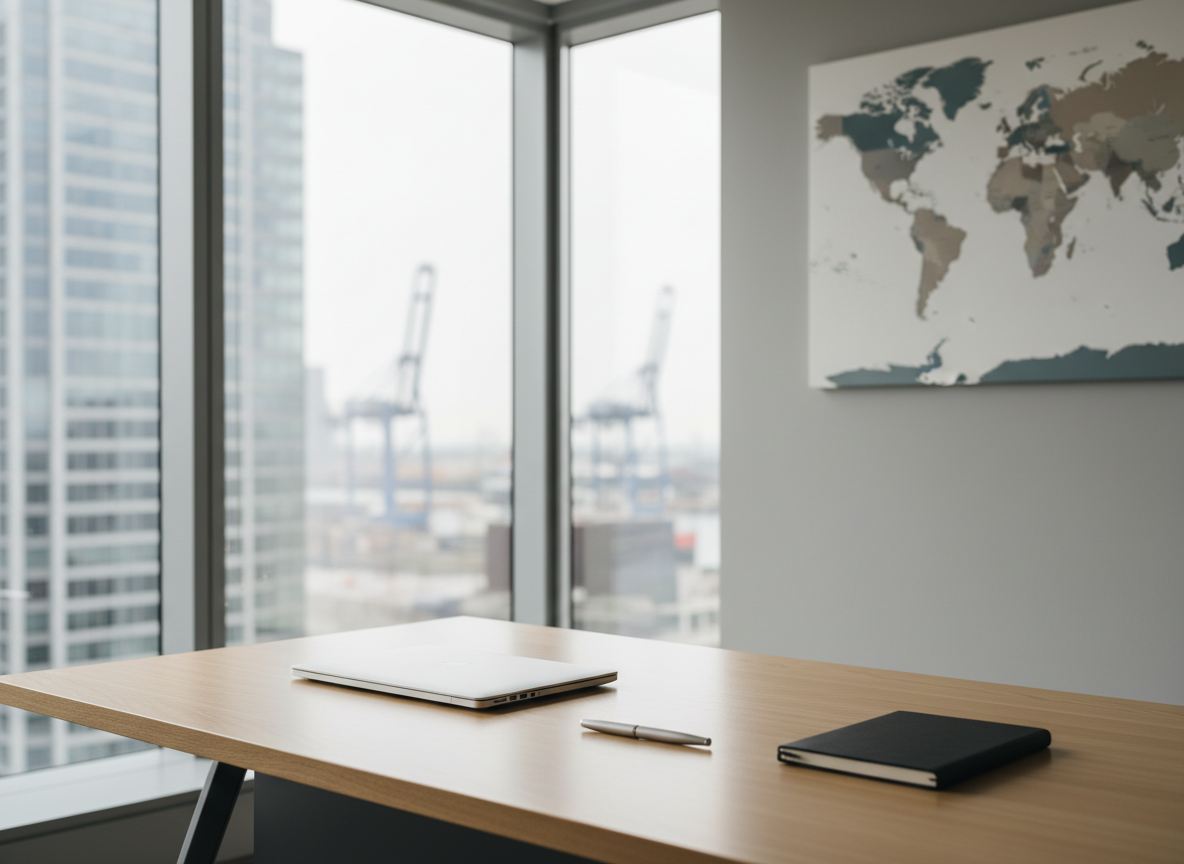A sleek, uncluttered executive desk in a modern corner office, with a closed slim silver laptop, a matte black notebook, and a single polished steel pen precisely aligned on a light oak surface. Behind the desk, floor‑to‑ceiling windows reveal a softly blurred international city skyline with glass towers and harbor cranes, hinting at global trade. Neutral grey walls and a minimal world map in muted tones frame the scene. Soft, diffused daylight enters from the left, creating gentle reflections on the laptop and subtle shadows under the objects. Photographic realism at eye level with a slightly elevated angle, sharp focus on the desk and a mild bokeh background, conveying a calm, structured, highly professional corporate atmosphere.