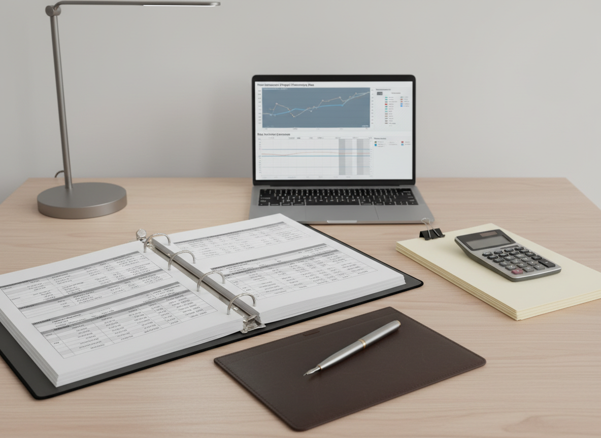 A meticulously organized financing and project planning desk, featuring an open binder with a structured international project financing plan, printed in clear columns and charts on bright white paper. Beside it lie a slim grey calculator, a neat stack of clipped term sheets, and a brushed‑metal fountain pen resting on a discrete, dark leather pad. In the background, a laptop screen shows a muted blue project timeline Gantt chart and risk analysis matrix. The setting is a neutral, modern office with a matte white wall and a small, minimalistic metal desk lamp. Focused, cool LED task lighting illuminates the documents, casting crisp but soft‑edged shadows. Shot from a slightly elevated angle with balanced composition, photographic realism, and a calm, corporate atmosphere that suggests rigor and financial expertise.