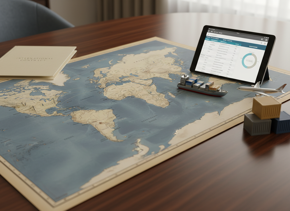 A refined import/export planning scene on a smooth, dark wood table, displaying a large detailed world map in neutral blues and beiges, marked with thin metallic pins at major ports and trade hubs. Next to the map, a matte black tablet shows a shipping schedule and Incoterms chart, while a compact, brushed‑steel model cargo ship and a miniature freight airplane rest beside stacked containers made of textured resin in muted colors. A closed folder labeled “International Contract” lies neatly in the corner. Soft overhead lighting combined with gentle side light creates subtle highlights on metal surfaces and soft shadows along the map folds. Photographic realism with a slightly elevated, three‑quarter view and sharp focus throughout conveys structure, reliability, and global reach.