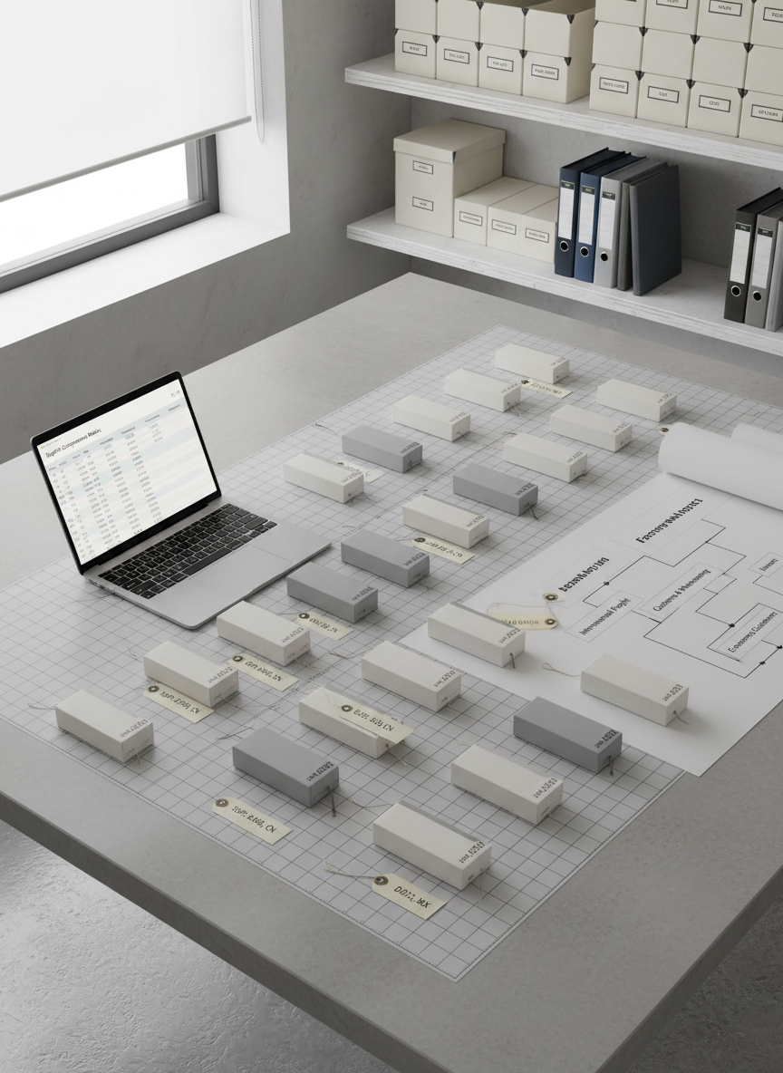 A specialized sourcing and supply chain planning surface, showing a clean, light concrete desk with a grid of precisely placed product samples in neutral packaging, each labeled with small, minimalist tags indicating supplier codes and countries. A thin, open laptop displays a supplier comparison matrix, while a printed flowchart illustrates the supply chain from factory to international e‑commerce customers. In the background, simple white shelves hold neatly arranged labeled boxes and binders. Daylight from a nearby window, diffused through a translucent blind, bathes the scene in soft, even light, creating delicate shadows along the product edges. Captured from a slightly elevated, top‑down angle with sharp focus, the composition is structured and geometric, reinforcing a sense of control, transparency, and professional sourcing expertise.