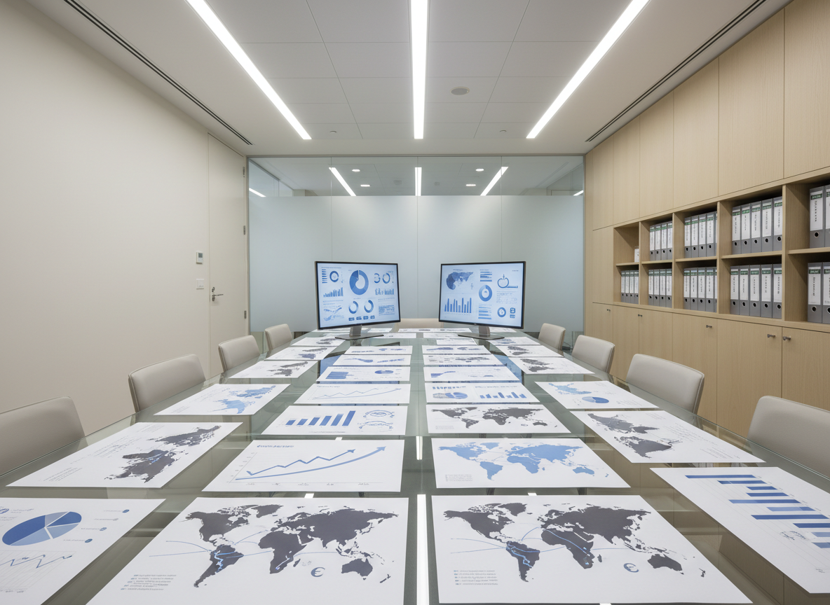 A large, clean glass conference table in a contemporary boardroom, covered with neatly arranged printed charts and world maps showing trade routes, currency symbols, and growth curves in understated blues and greys. A pair of slim, frameless computer monitors display dashboards with international sales metrics and digital marketing analytics. The room features neutral walls, a frosted glass partition, and a built‑in cabinet with organized binders labeled by region. Cool, even overhead LED lighting creates a crisp, shadow‑free environment. Shot from a slightly elevated angle with balanced composition and sharp focus throughout, emphasizing order and strategic planning. The mood is analytical, corporate, and forward‑looking, with a clean, photographic style ideal for a commercial development consultant’s website.